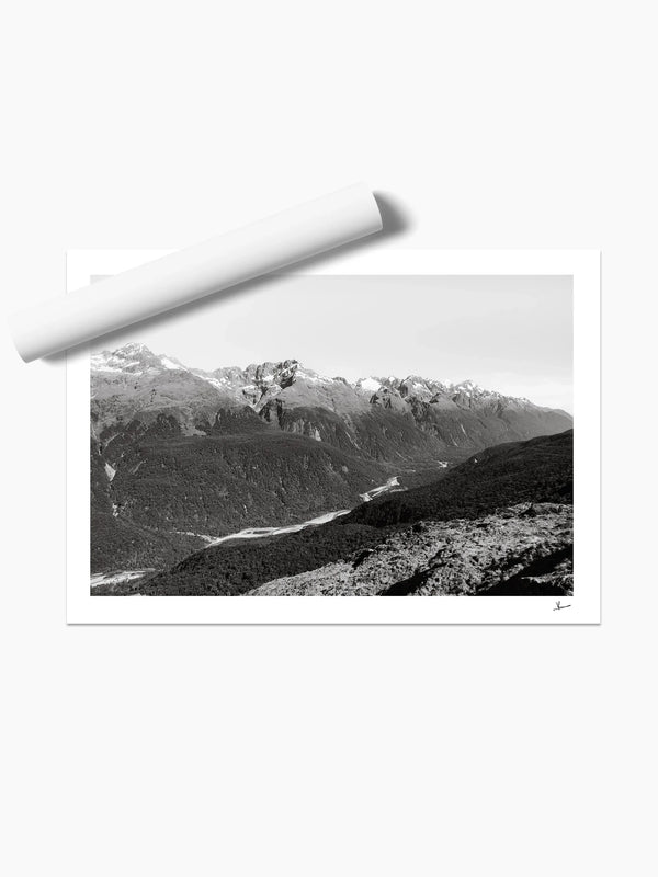 Hollyford Valley – Black and White New Zealand Wall Art Print