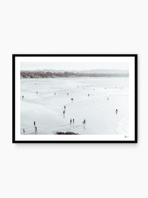 Surfer silhouette, Byron Bay — black & white minimalist wall art print by Vincent Rommelaere · Australia Unseen