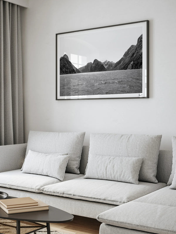Milford Sound - Black and White New Zealand Wall Art Print