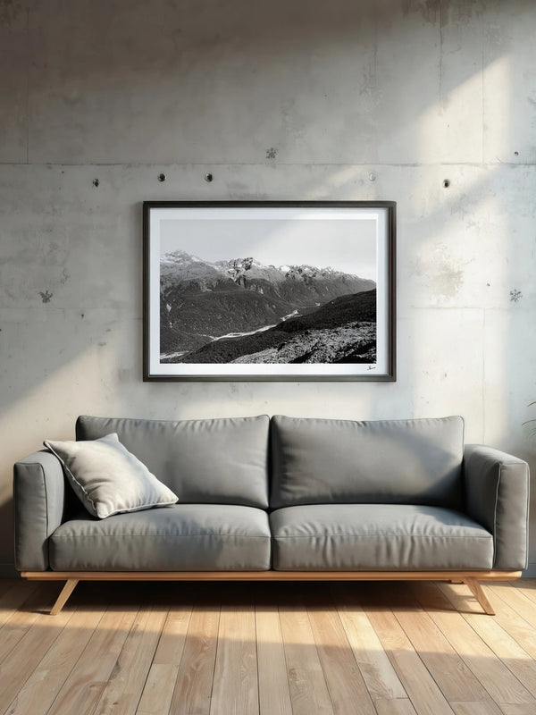 Hollyford Valley – Black and White New Zealand Wall Art Print