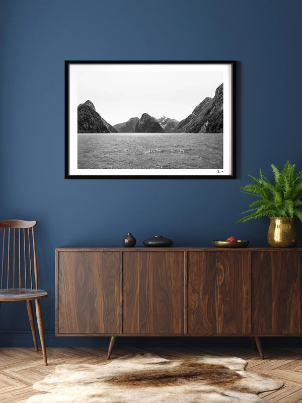 Milford Sound - Black and White New Zealand Wall Art Print
