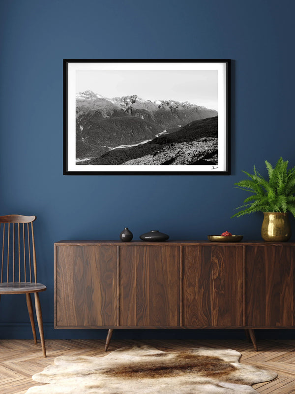 Hollyford Valley – Black and White New Zealand Wall Art Print