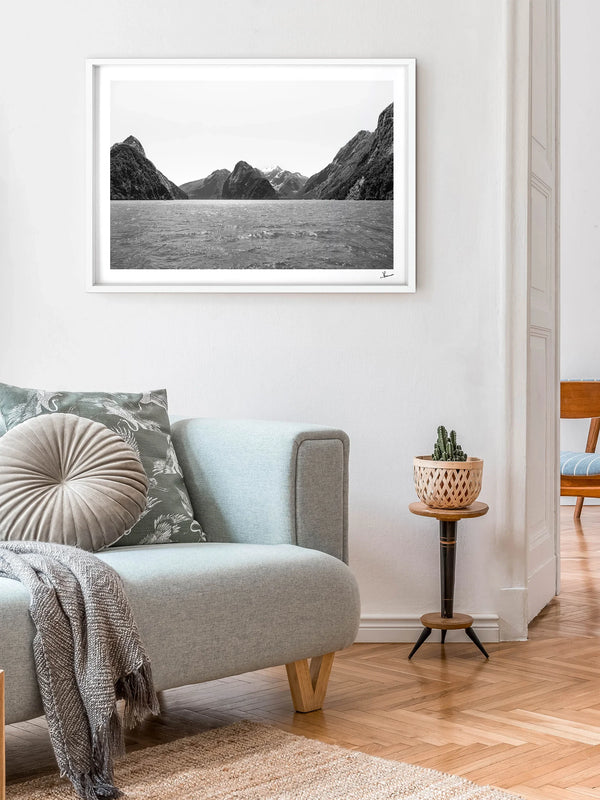 Milford Sound - Black and White New Zealand Wall Art Print