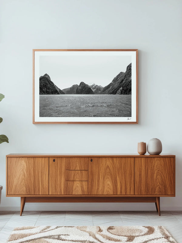 Milford Sound - Black and White New Zealand Wall Art Print
