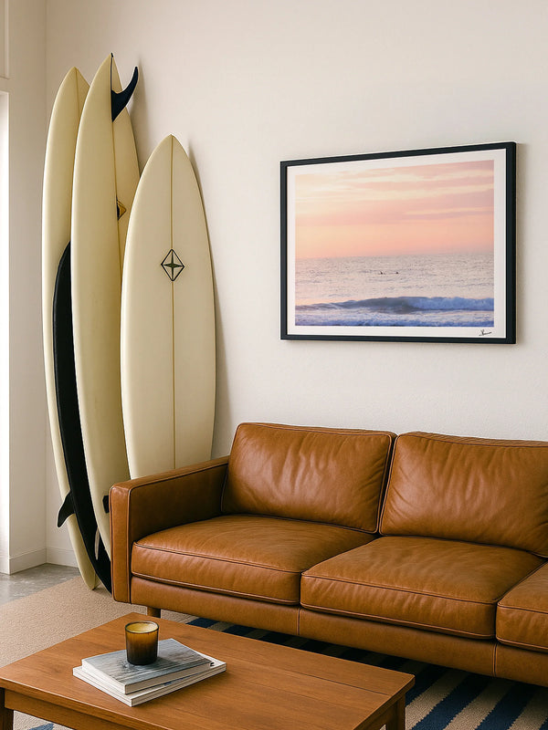 Pastel Sunrise with Dolphins (Boomerang Beach) - Wall Art Print