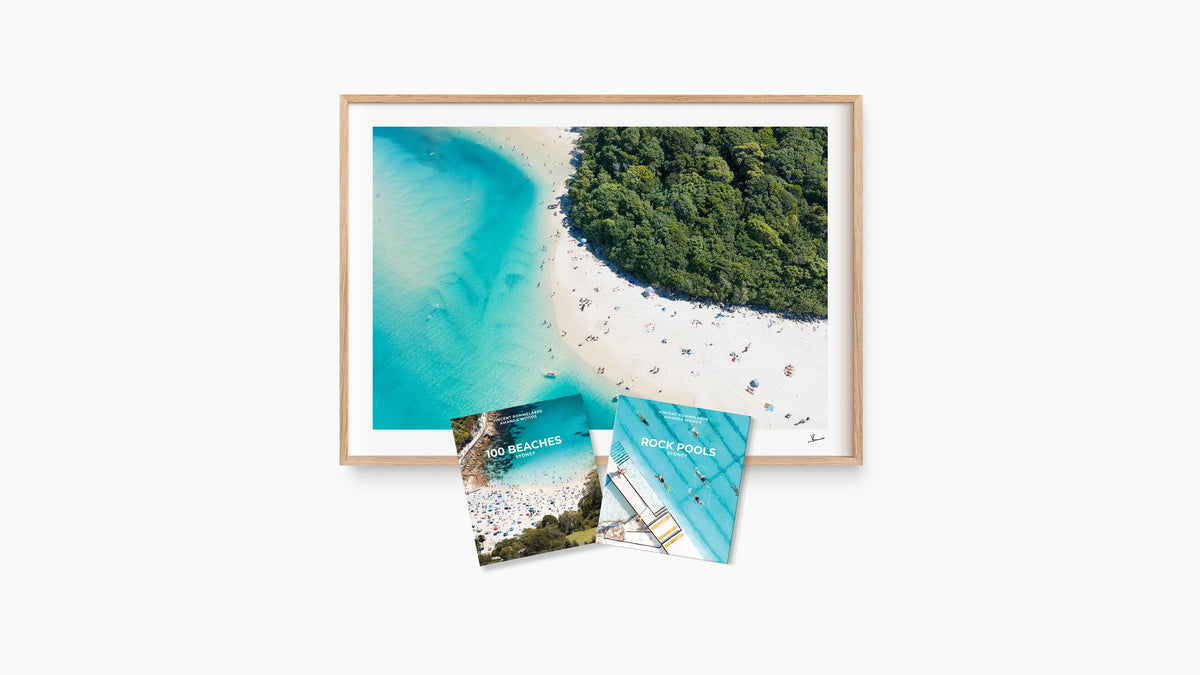 Aerial photography print of an Australian beach displayed as wall art