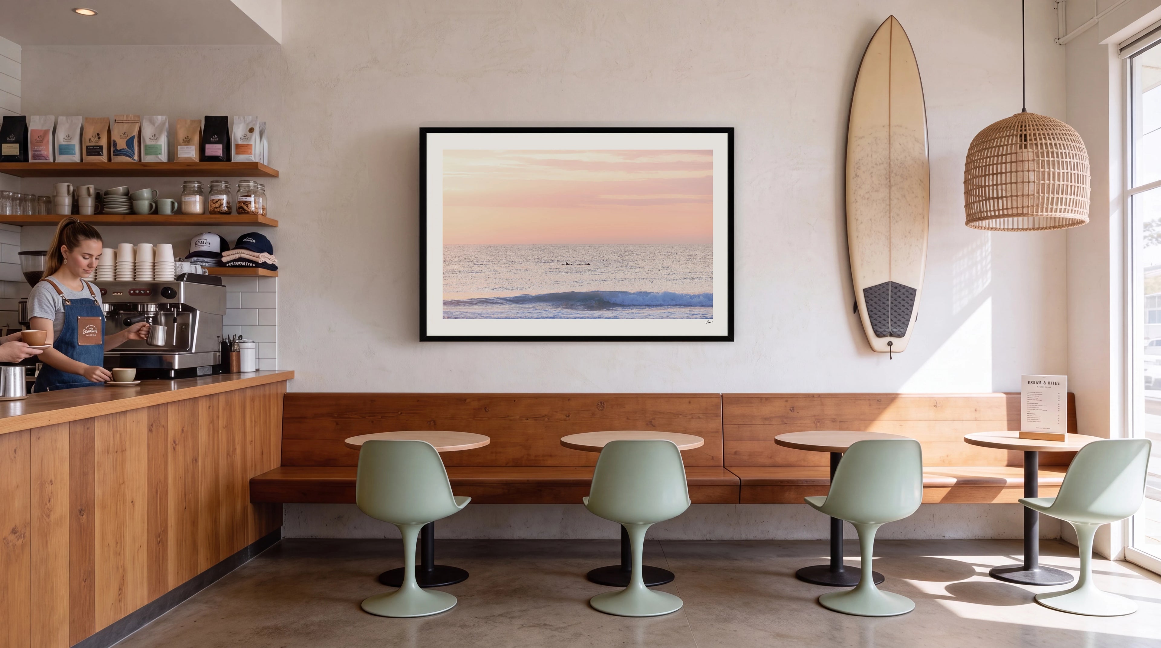 Pastel Sunrise with Dolphins (Boomerang Beach) - Wall Art Print