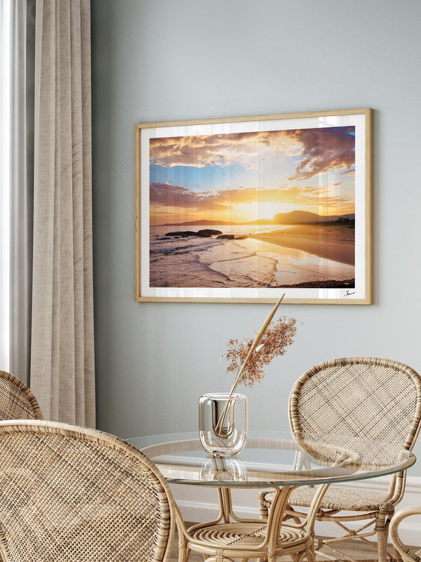 Trial Bay Front Beach Sunrise — framed wall art print styled in a room · Australia Unseen