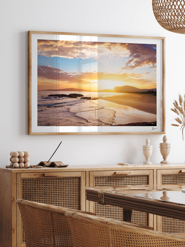 Trial Bay Front Beach Sunrise — framed wall art print styled in a room · Australia Unseen