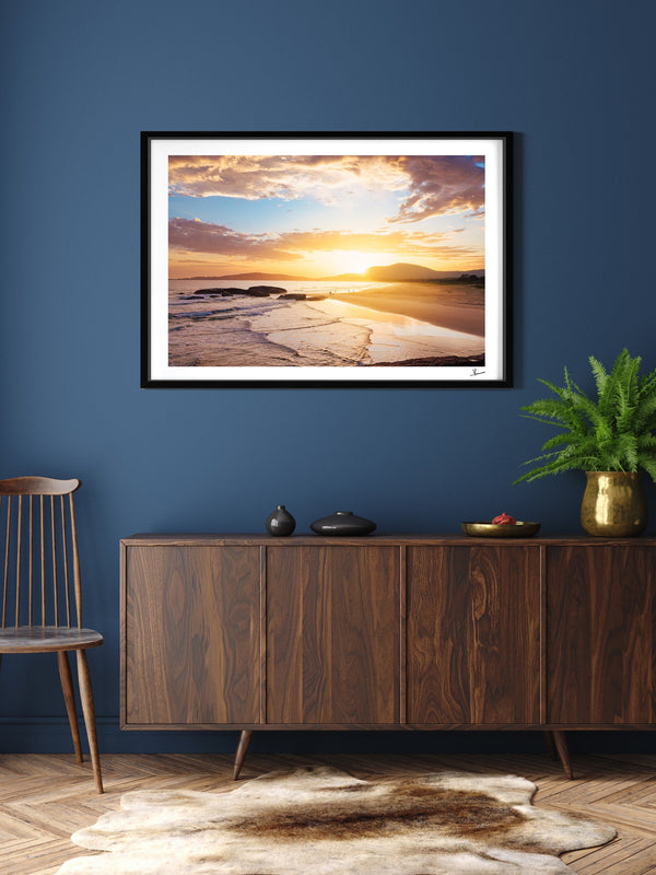 Trial Bay Front Beach Sunrise — framed wall art print styled in a room · Australia Unseen