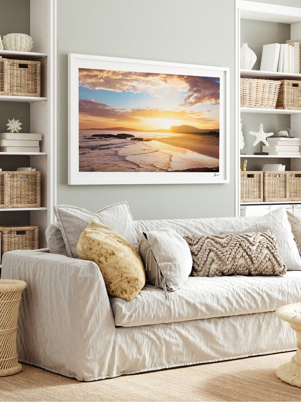 Trial Bay Front Beach Sunrise — framed wall art print styled in a room · Australia Unseen
