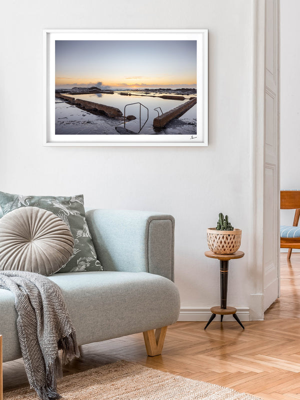 Werri Beach Pool — framed wall art print styled in a room · Australia Unseen