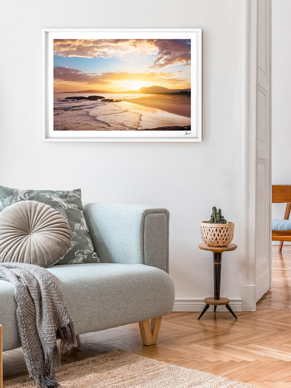 Trial Bay Front Beach Sunrise — framed wall art print styled in a room · Australia Unseen
