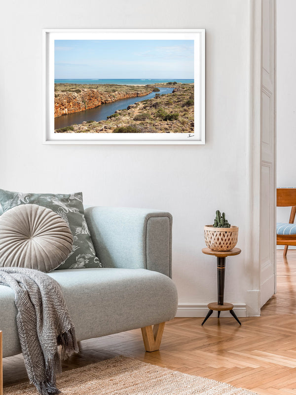 Yardie Creek — framed wall art print styled in a room · Australia Unseen
