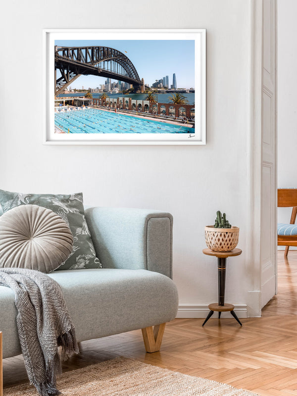 North Sydney Olympic Pool — framed wall art print styled in a room · Australia Unseen