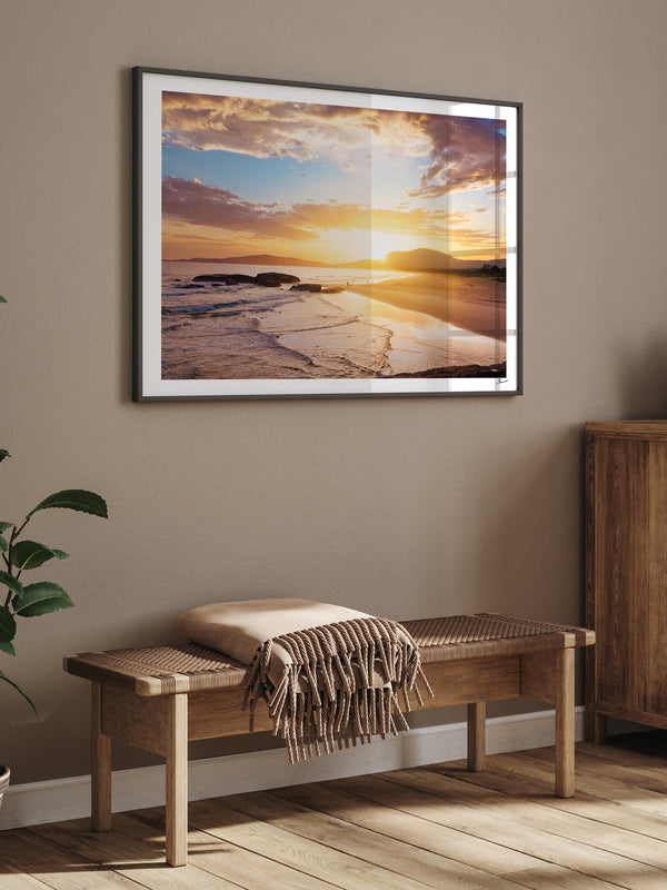 Trial Bay Front Beach Sunrise — framed wall art print styled in a room · Australia Unseen