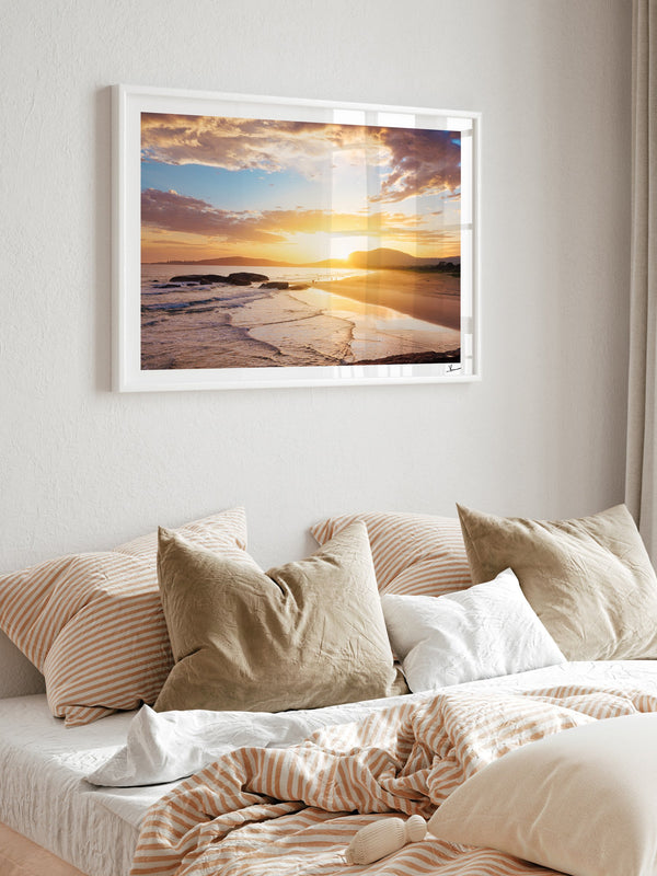 Trial Bay Front Beach Sunrise — framed wall art print styled in a room · Australia Unseen