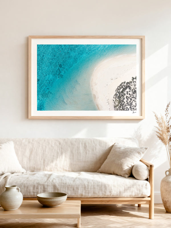 Sand Curve — framed wall art print styled in a room · Australia Unseen