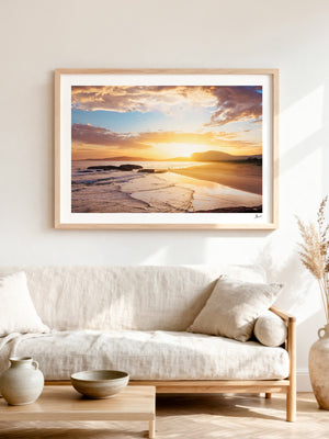 Trial Bay Front Beach Sunrise — framed wall art print styled in a room · Australia Unseen