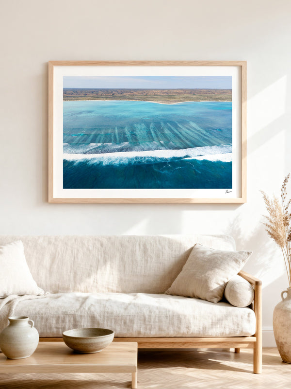 Ningaloo Reef — framed wall art print styled in a room · Australia Unseen