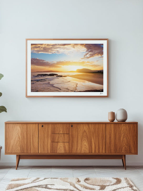 Trial Bay Front Beach Sunrise — framed wall art print styled in a room · Australia Unseen