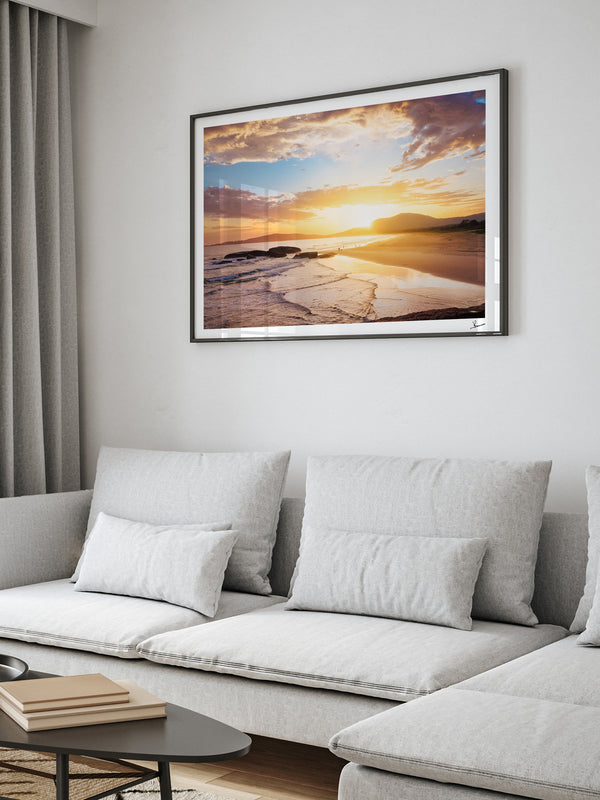 Trial Bay Front Beach Sunrise — framed wall art print styled in a room · Australia Unseen