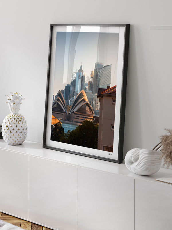 From across the harbour - Sydney — framed wall art print styled in a room · Australia Unseen