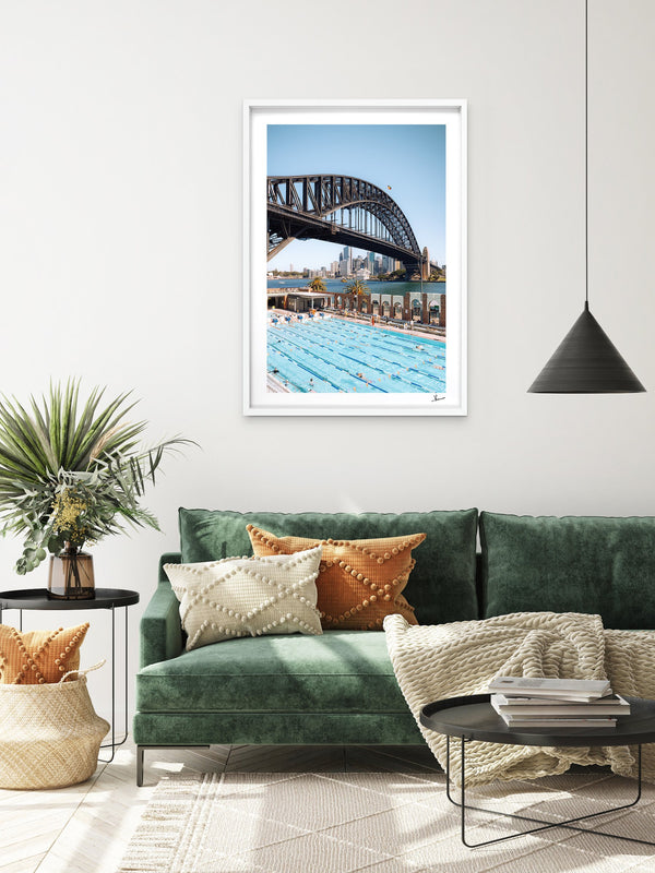 North Sydney Olympic Pool — framed wall art print styled in a room · Australia Unseen