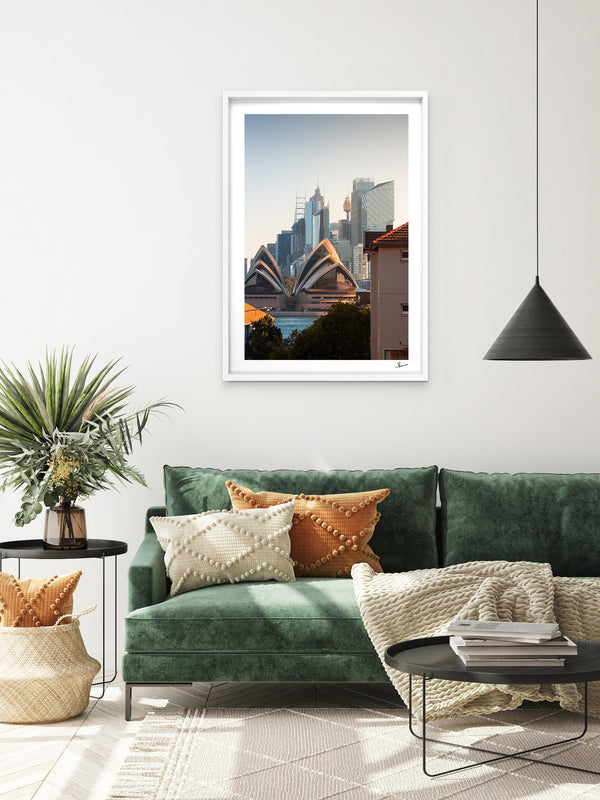 From across the harbour - Sydney — framed wall art print styled in a room · Australia Unseen