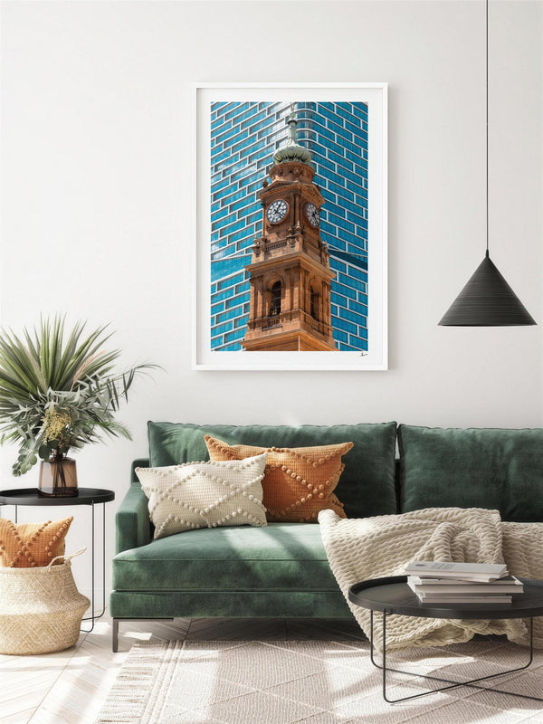 Clock Tower — framed wall art print styled in a room · Australia Unseen