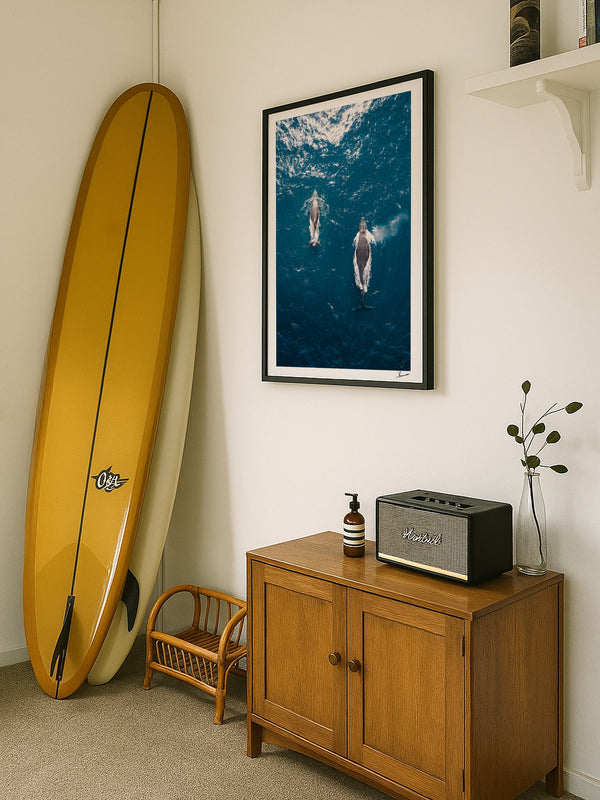 Whales 01 - Sydney — framed wall art print styled in a room · Australia Unseen
