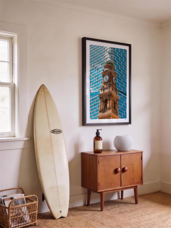 Clock Tower — framed wall art print styled in a room · Australia Unseen