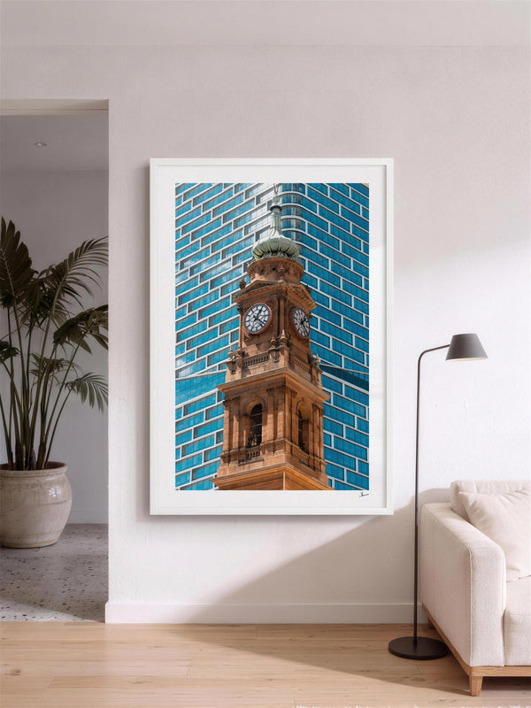 Clock Tower — framed wall art print styled in a room · Australia Unseen