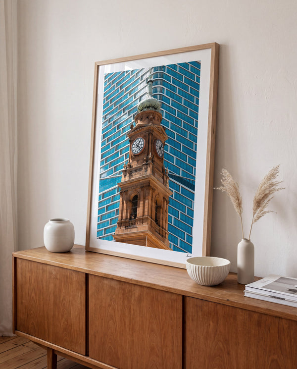 Clock Tower — framed wall art print styled in a room · Australia Unseen